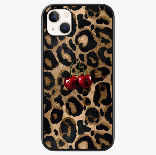 Leopard Wild Cherry Glass Case showing full back design in clean flat view with glossy glass finish.