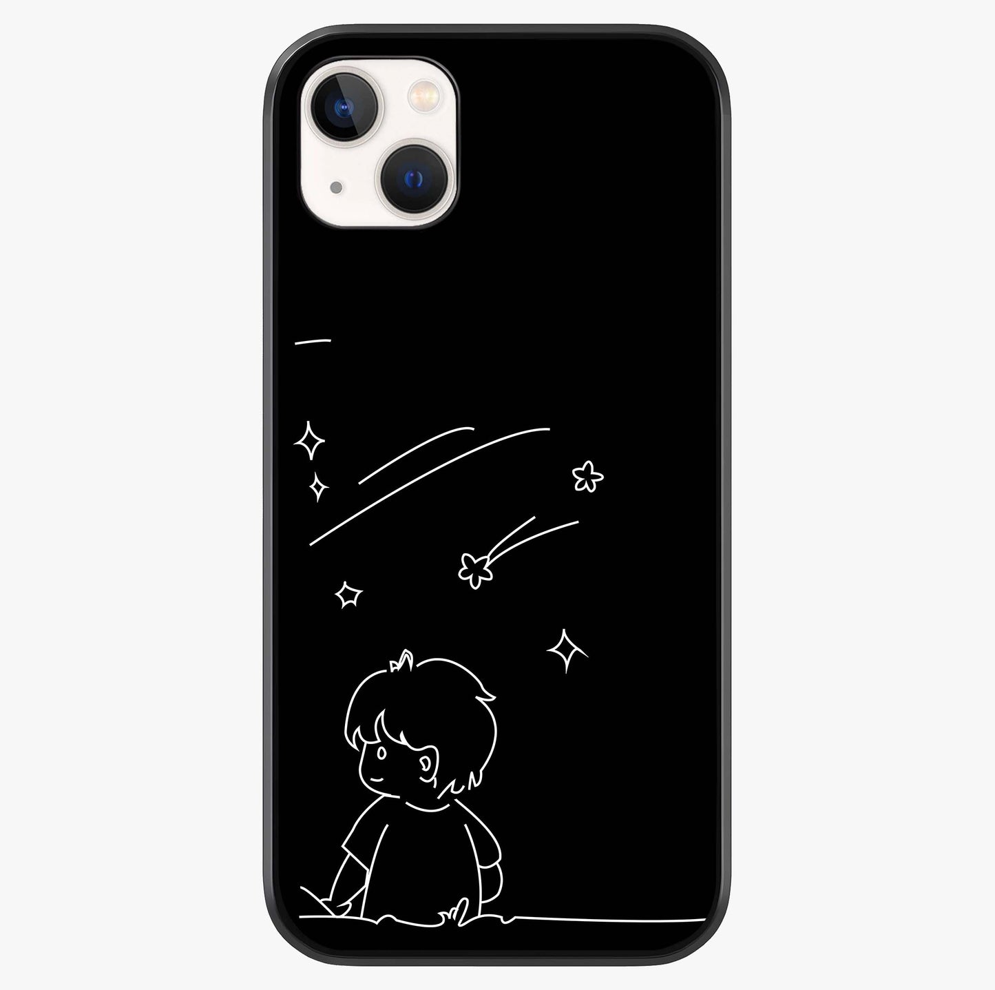 Line Art Boy With Shooting Stars Glass Case showing full back design in clean flat view with glossy glass finish.