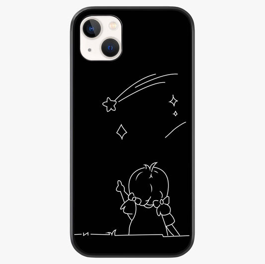 Line Art Girl With Shooting Stars Glass Case showing full back design in clean flat view with glossy glass finish.