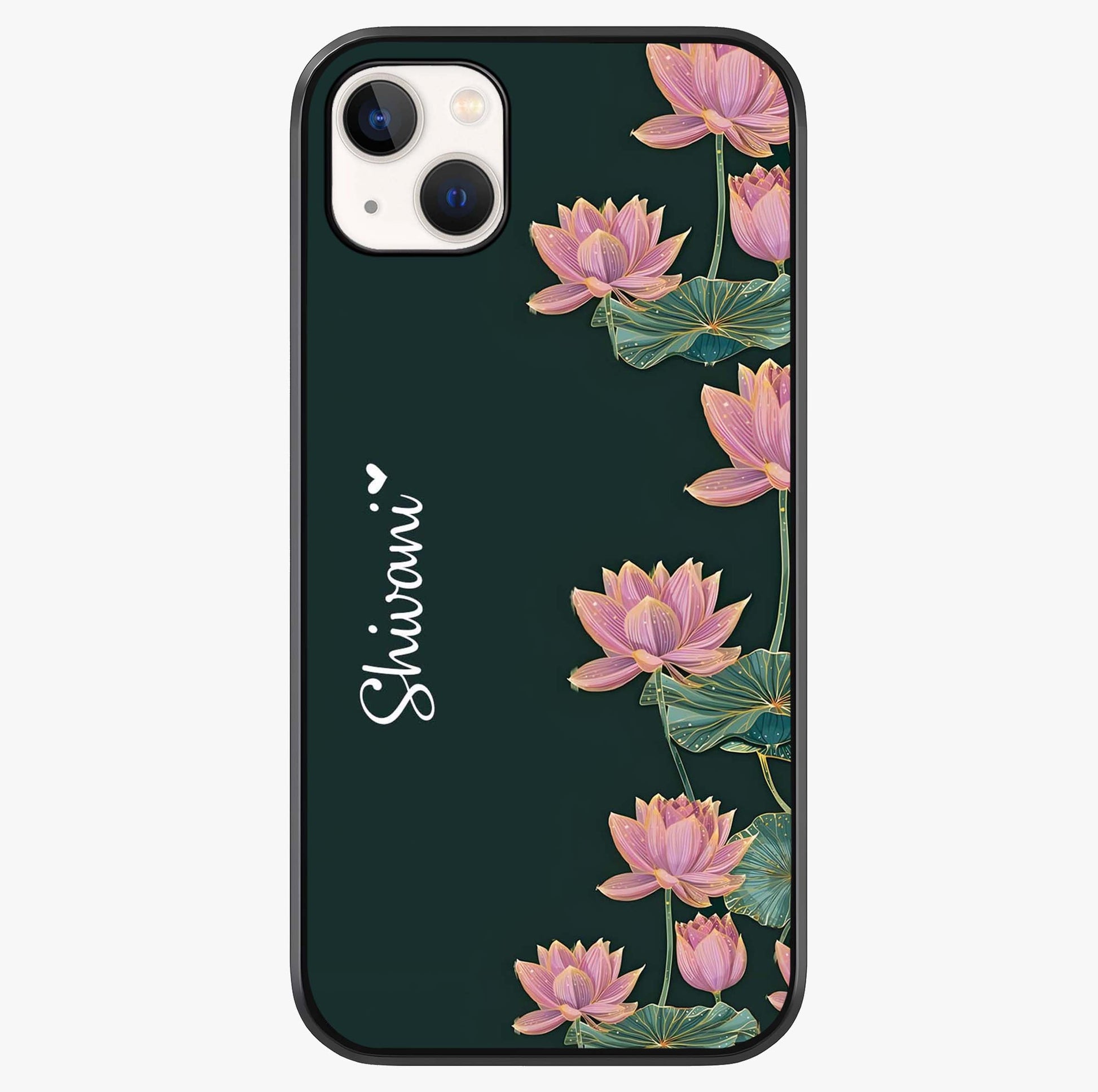 Lotus Bloom Serenity Custom Name Glass Case showing full back design in clean flat view with glossy glass finish.