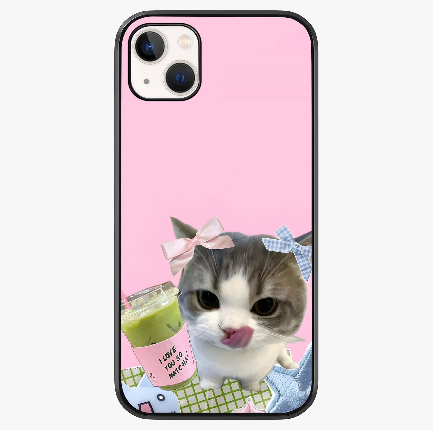 Love Matcha Cat Glass Case showing full back design in clean flat view with glossy glass finish.