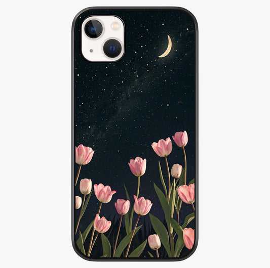 Midnight Tulip Whispers Vibe Glass Case showing full back design in clean flat view with glossy glass finish.