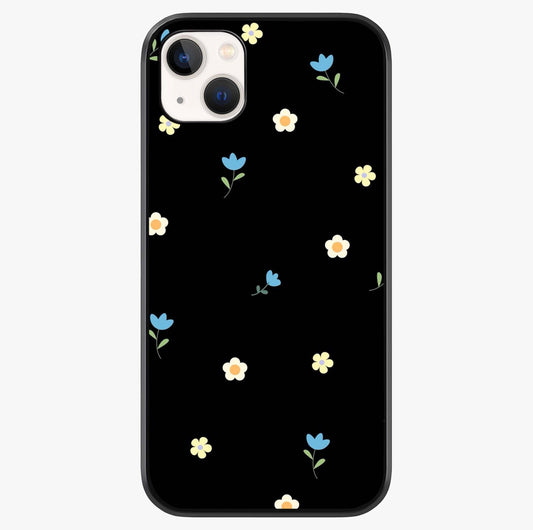 Minimalistic Blue With White Flower Pattern Glass Case showing full back design in clean flat view with glossy glass finish.