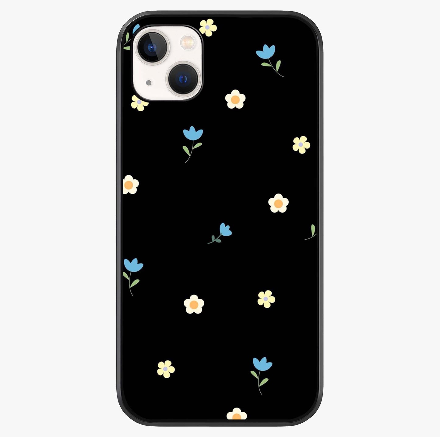 Minimalistic Blue With White Flower Pattern Glass Case showing full back design in clean flat view with glossy glass finish.