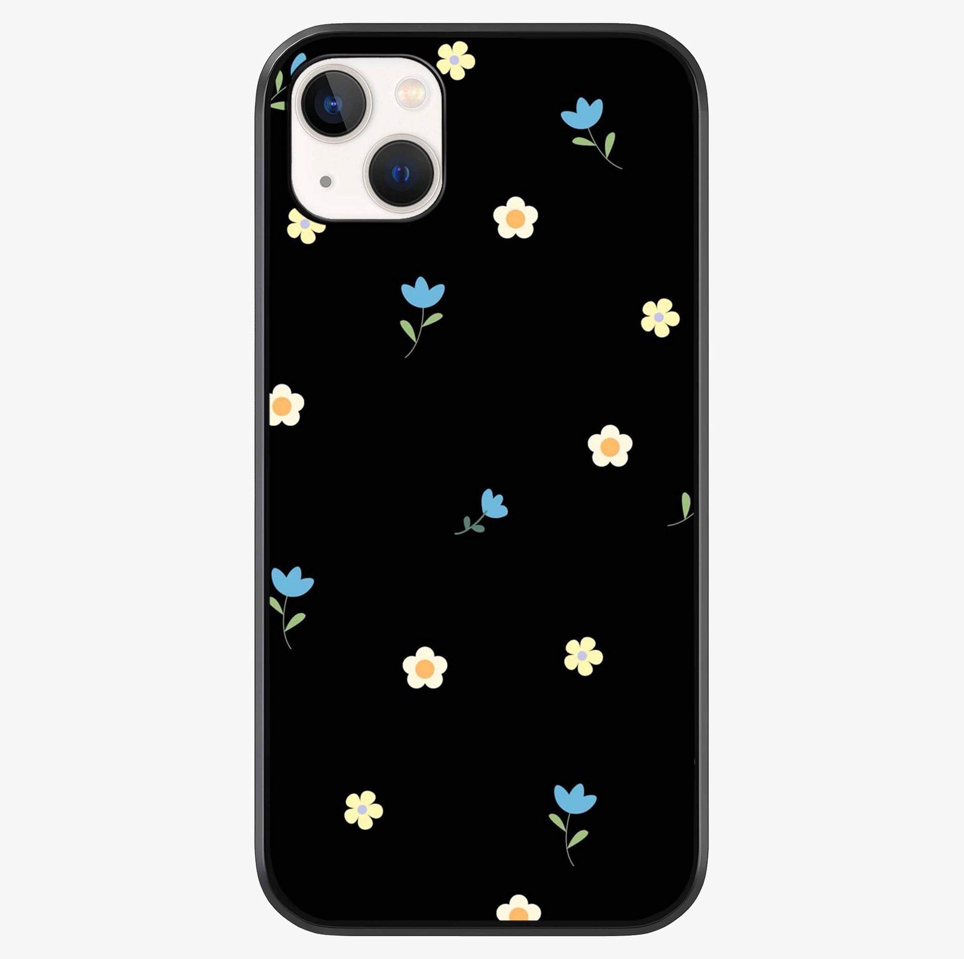 Minimalistic Blue With White Flower Pattern Glass Case showing full back design in clean flat view with glossy glass finish.