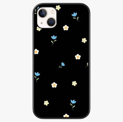 Minimalistic Blue With White Flower Pattern Glass Case showing full back design in clean flat view with glossy glass finish.