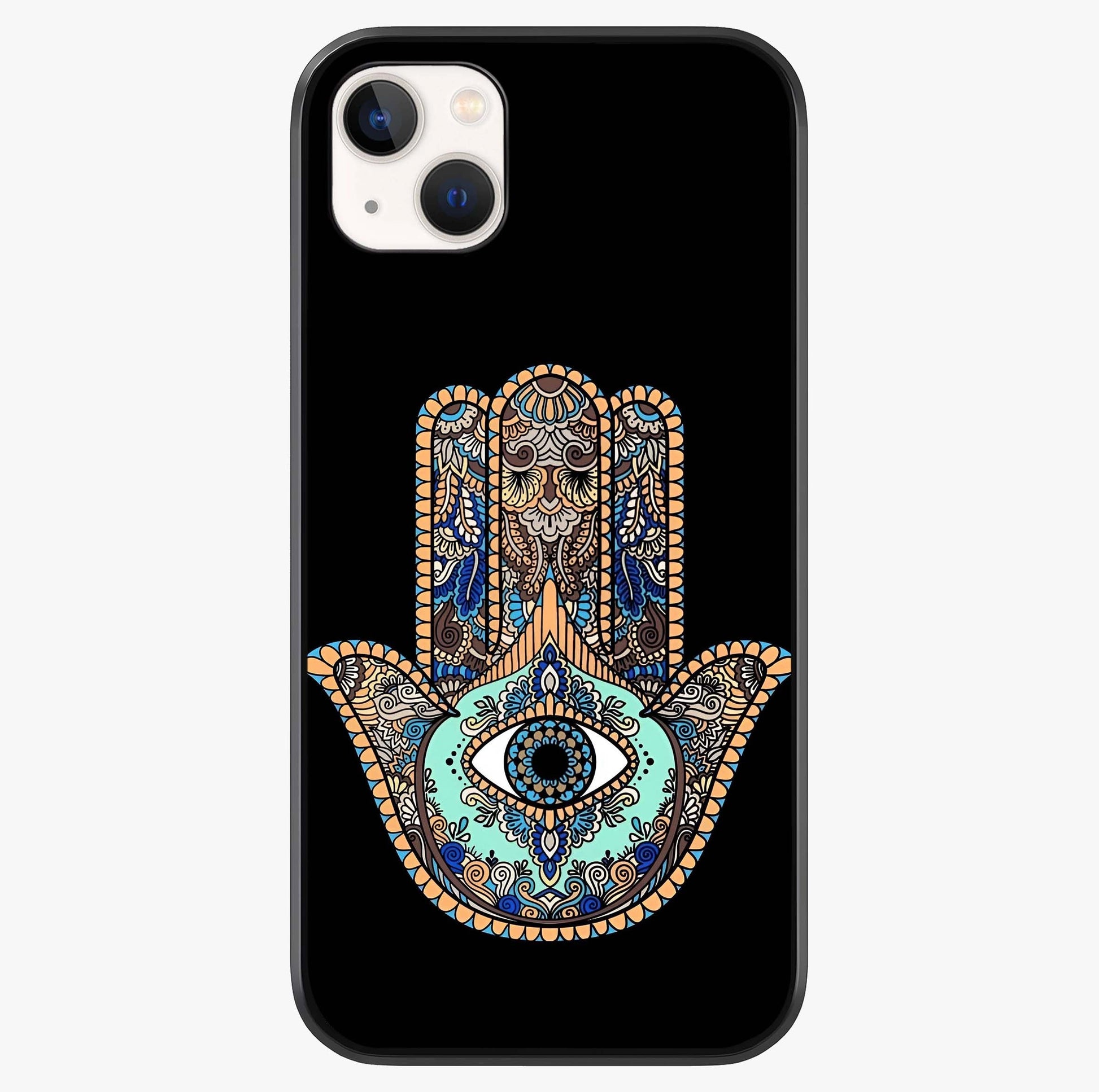 Mystic Hamsa Eye Glass Case showing full back design in clean flat view with glossy glass finish.