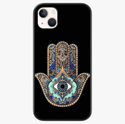 Mystic Hamsa Eye Glass Case showing full back design in clean flat view with glossy glass finish.