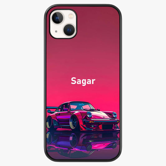 Neon Pink Porsche Glass Case showing full back design in clean flat view with glossy glass finish.