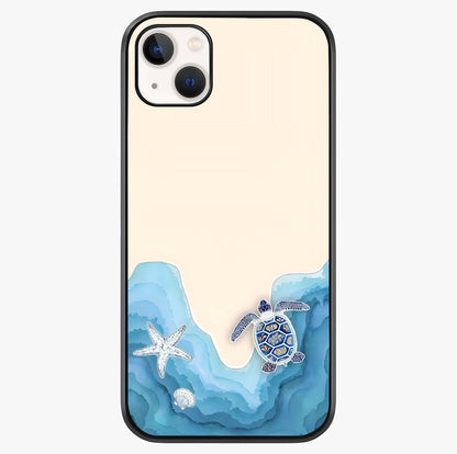 Ocean Drift Turtle Glass Case showing full back design in clean flat view with glossy glass finish.