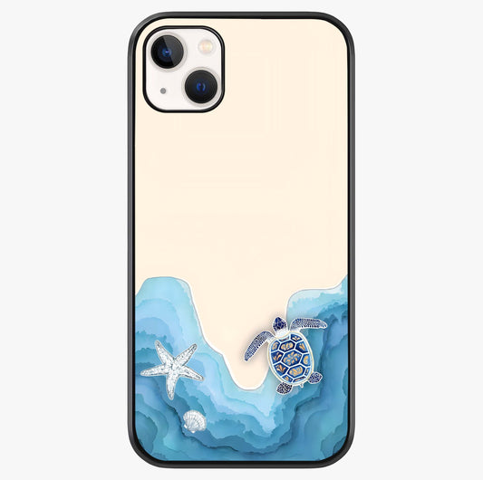 Ocean Drift Turtle Glass Case showing full back design in clean flat view with glossy glass finish.
