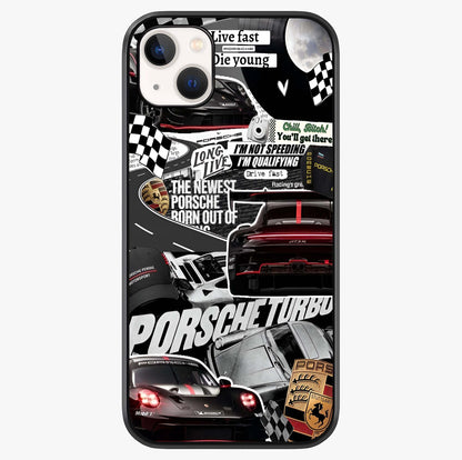 Porsche Racing Collage Glass Case showing full back design in clean flat view with glossy glass finish.
