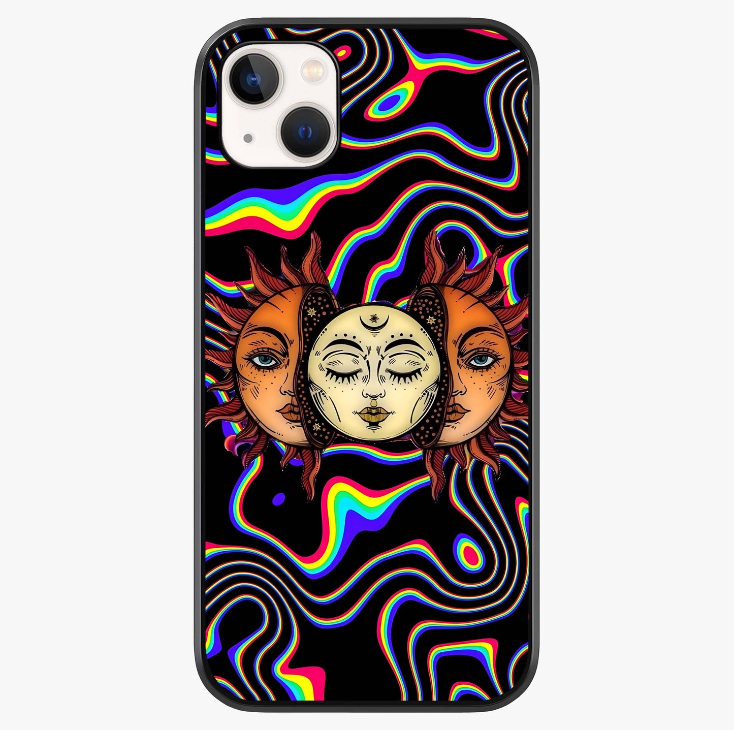 Psychedelic Sun Glass Case showing full back design in clean flat view with glossy glass finish.