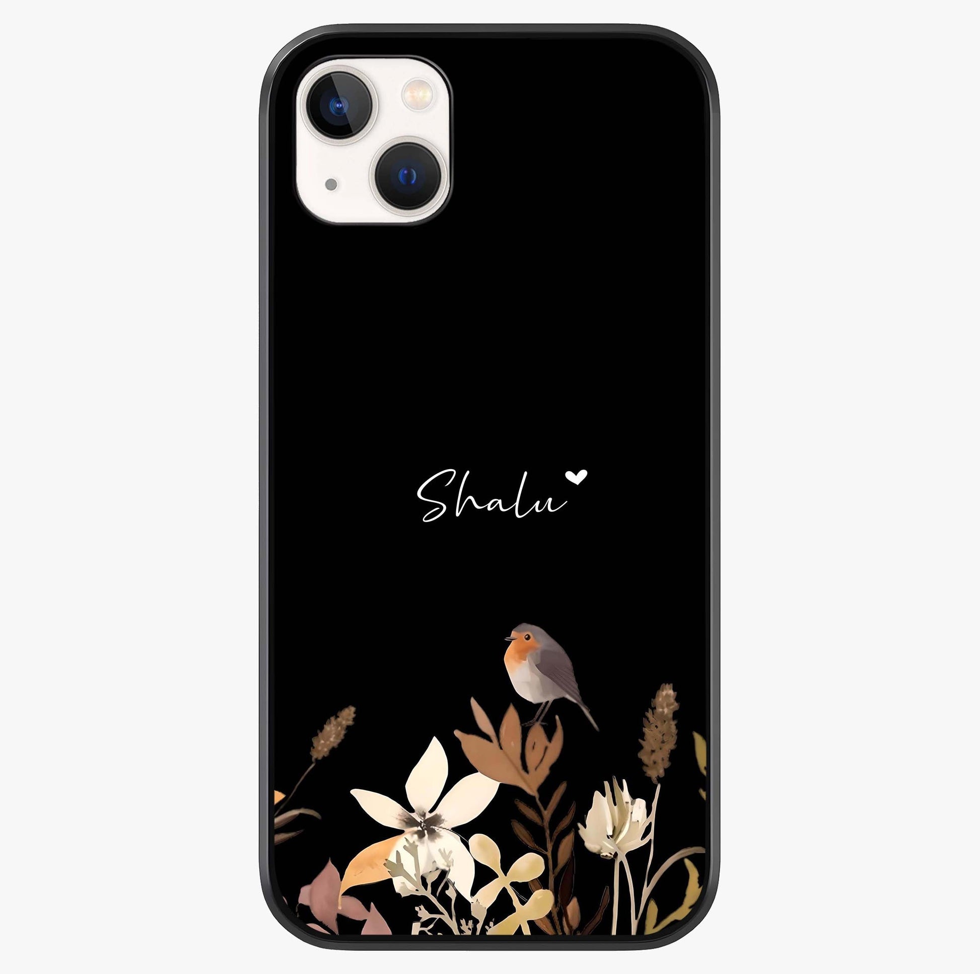 Quiet Garden Tune Custom Name Glass Case showing full back design in clean flat view with glossy glass finish.