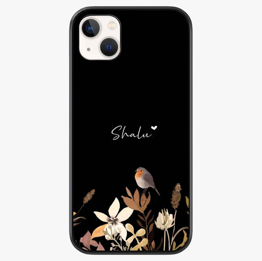 Quiet Garden Tune Custom Name Glass Case showing full back design in clean flat view with glossy glass finish.