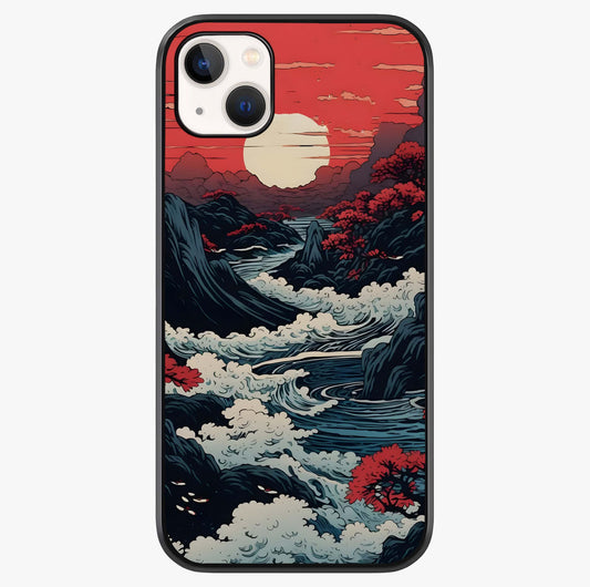 Red Sunset Scenery Glass Case showing full back design in clean flat view with glossy glass finish.