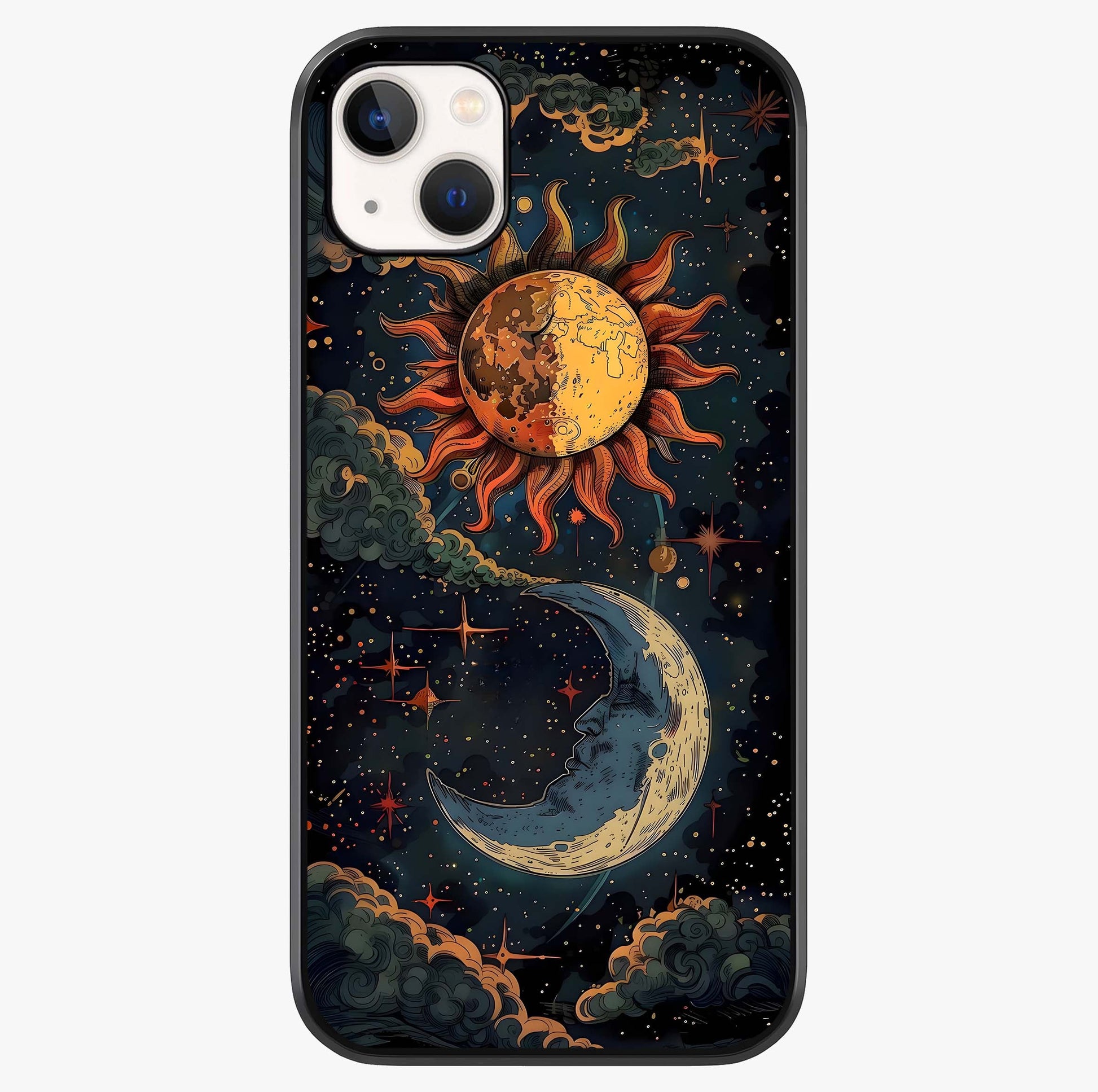 Sun And Moon Magic Design Glass Case showing full back design in clean flat view with glossy glass finish.