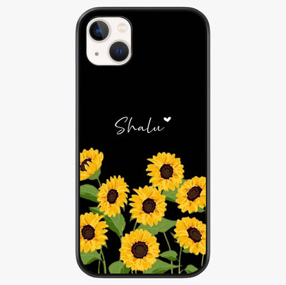 Sunflower Chic Mood Custom Name Glass Case showing full back design in clean flat view with glossy glass finish.
