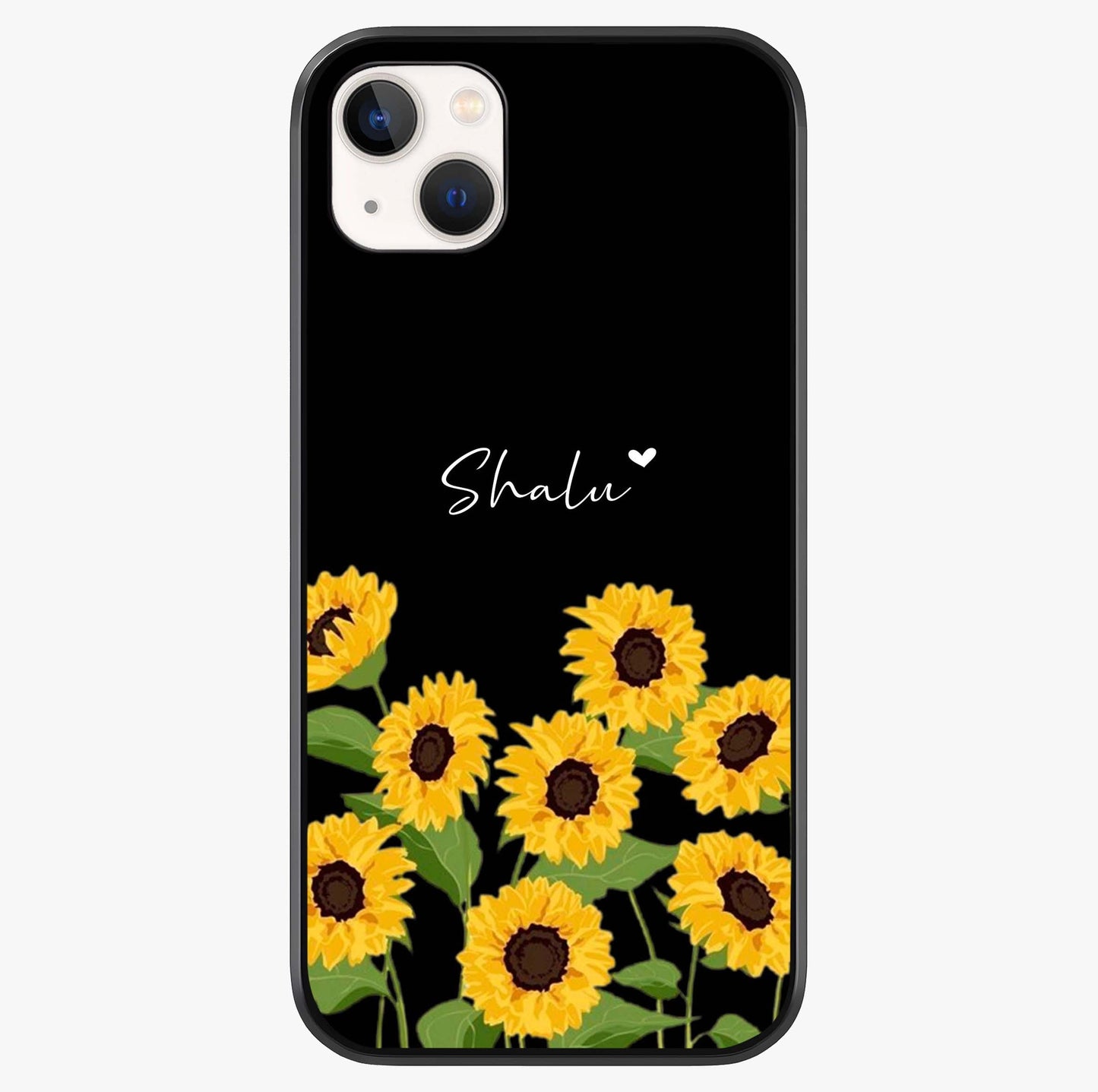 Sunflower Chic Mood Custom Name Glass Case showing full back design in clean flat view with glossy glass finish.