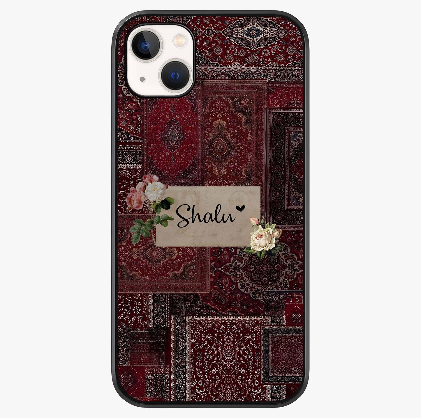Velvet Wine Pattern Custom Name Glass Case showing full back design in clean flat view with glossy glass finish.