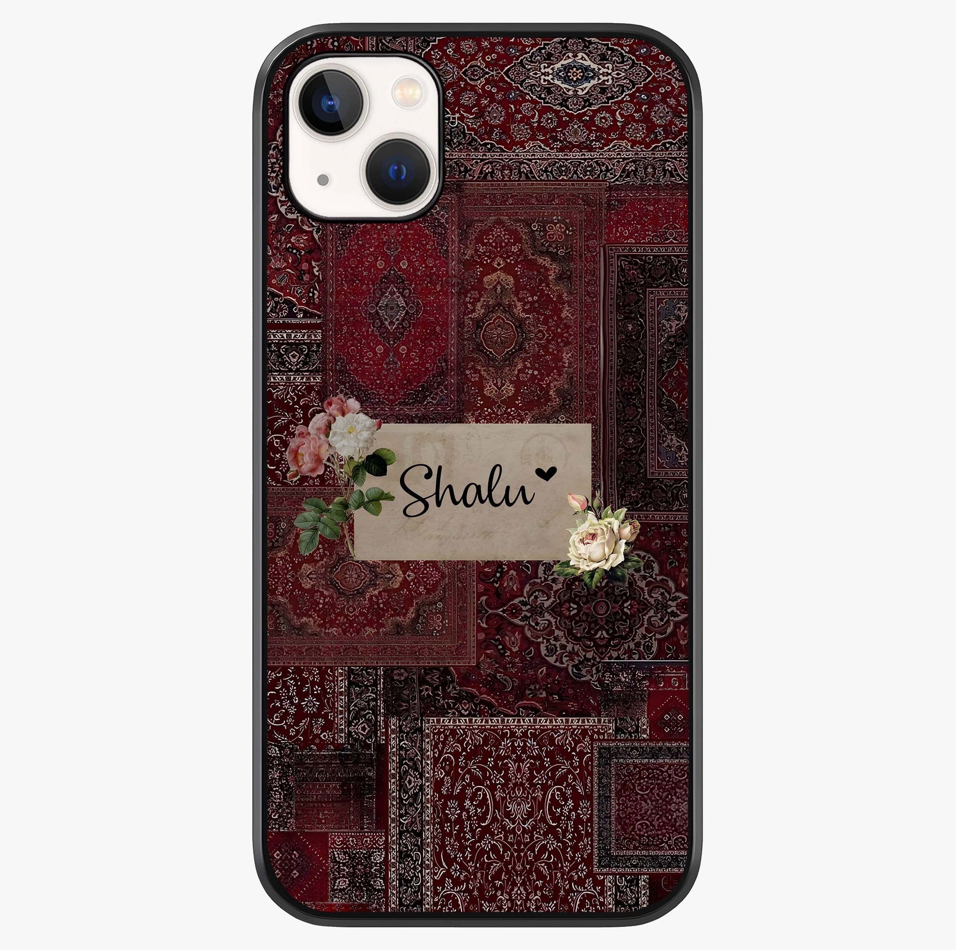 Velvet Wine Pattern Custom Name Glass Case showing full back design in clean flat view with glossy glass finish.