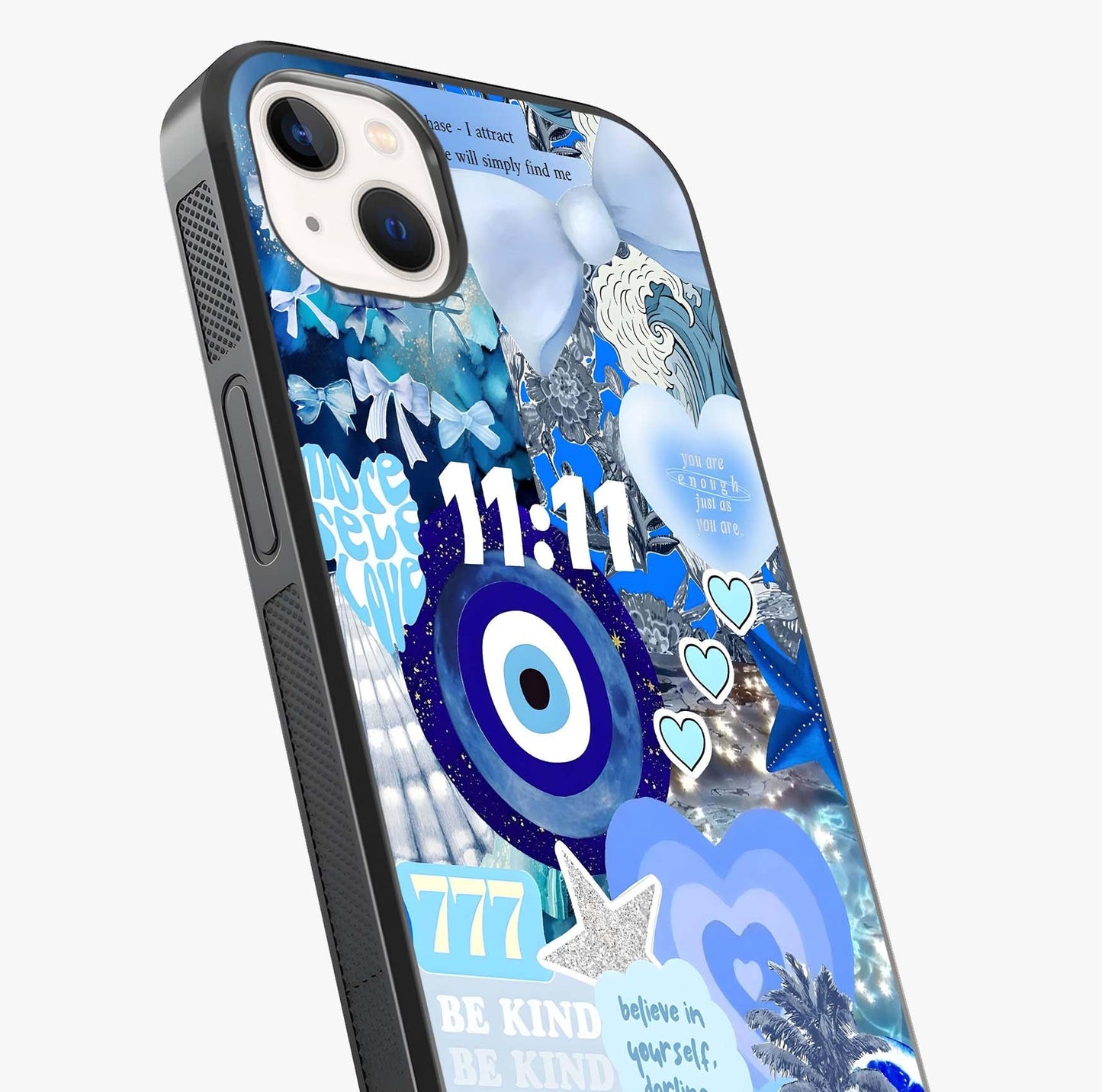 Aesthetic Be Kind Eye Glass Case captured at a warm angle highlighting gloss, texture and premium glass finish.