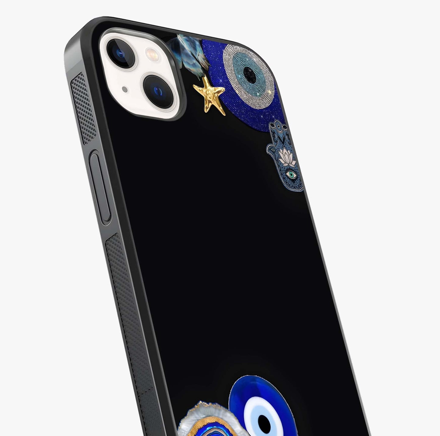 Aesthetic Blue Evil Eye Glass Case captured at a warm angle highlighting gloss, texture and premium glass finish.