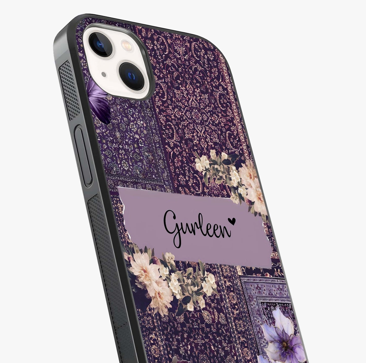 Antique Floral Whisper Custom Name Glass Case captured at a warm angle highlighting gloss, texture and premium glass finish.