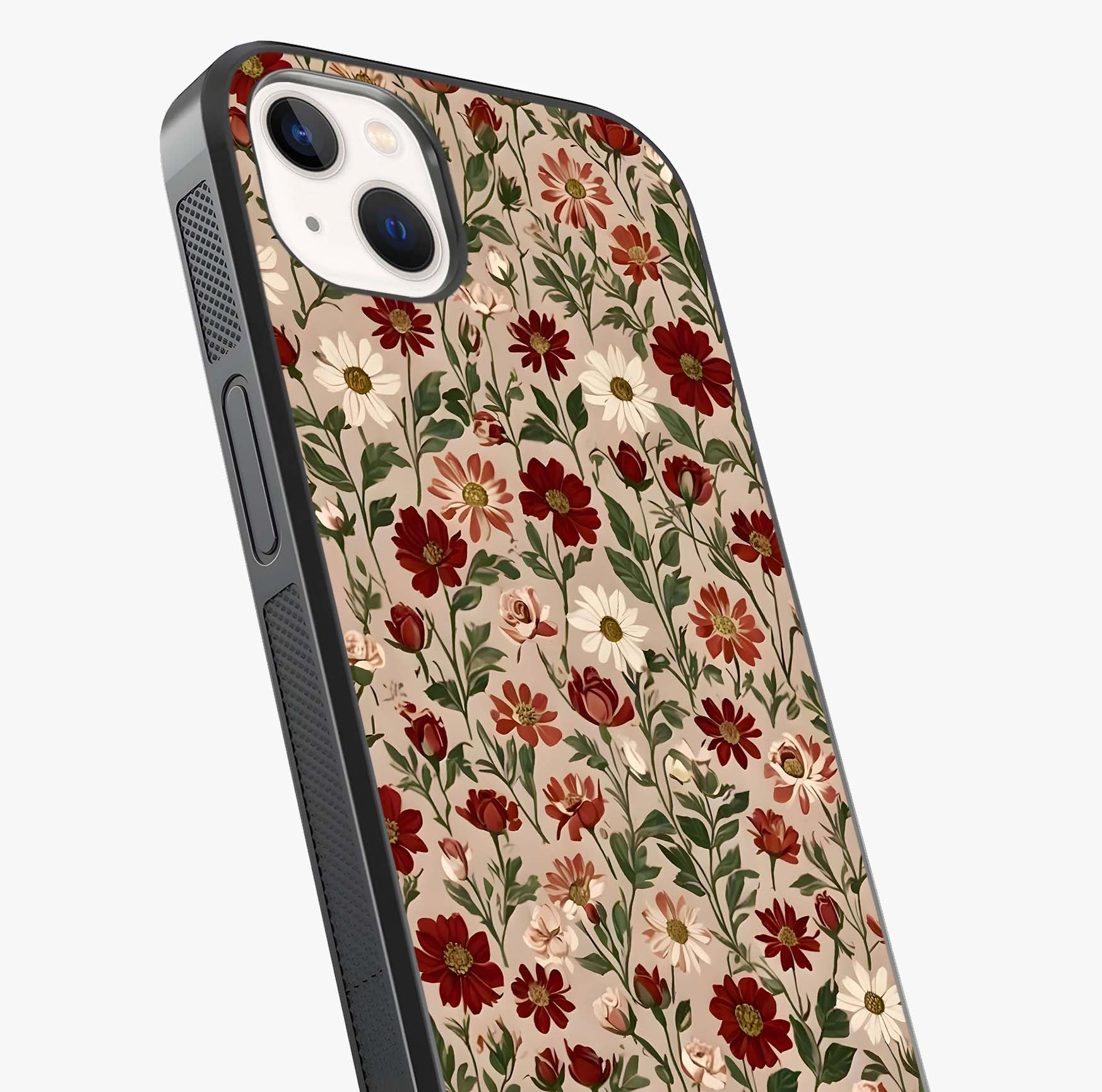 Biege Flower With Leaf Glass Case captured at a warm angle highlighting gloss, texture and premium glass finish.