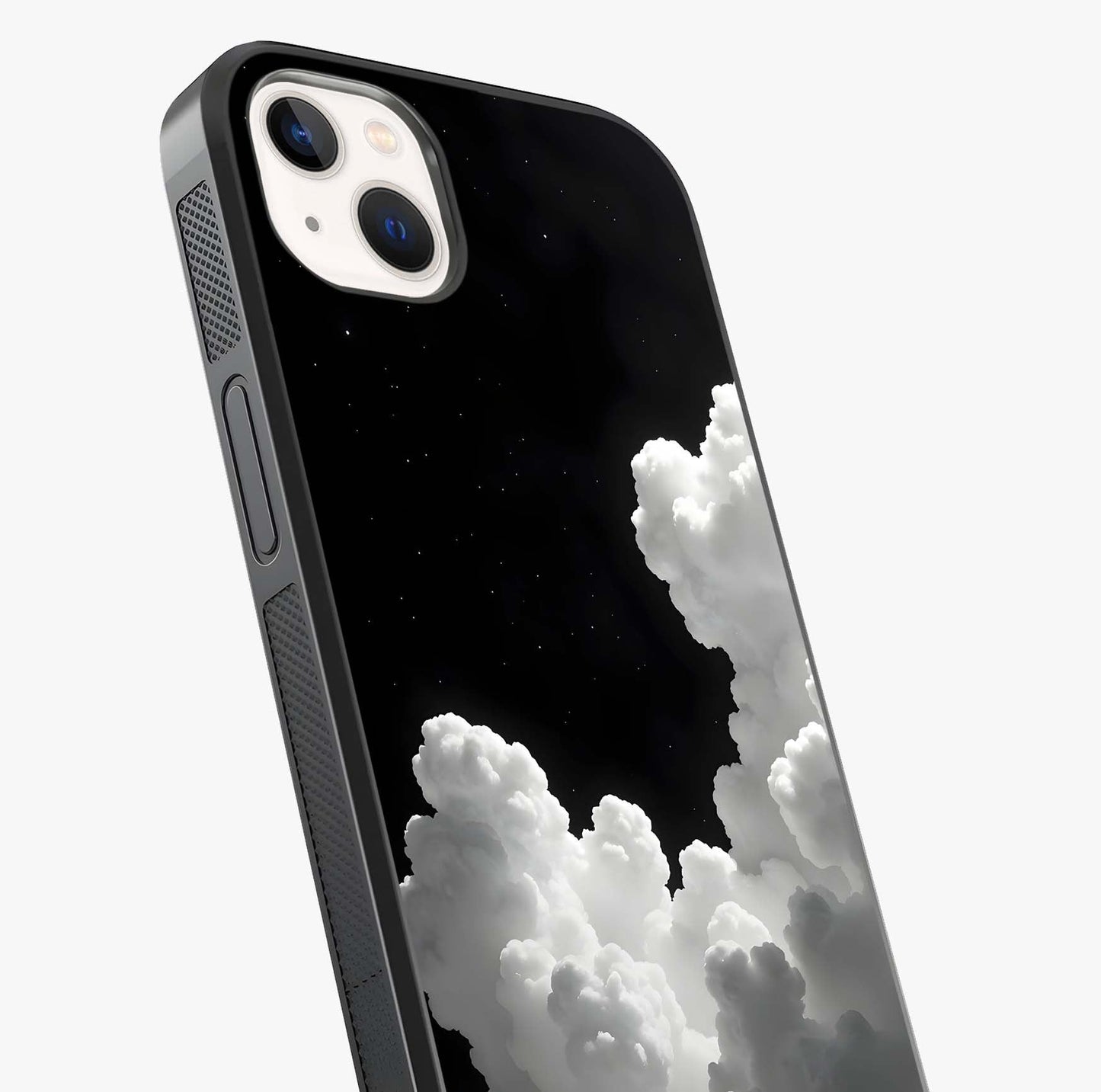 Black Background With White Cloud Glass Case captured at a warm angle highlighting gloss, texture and premium glass finish.