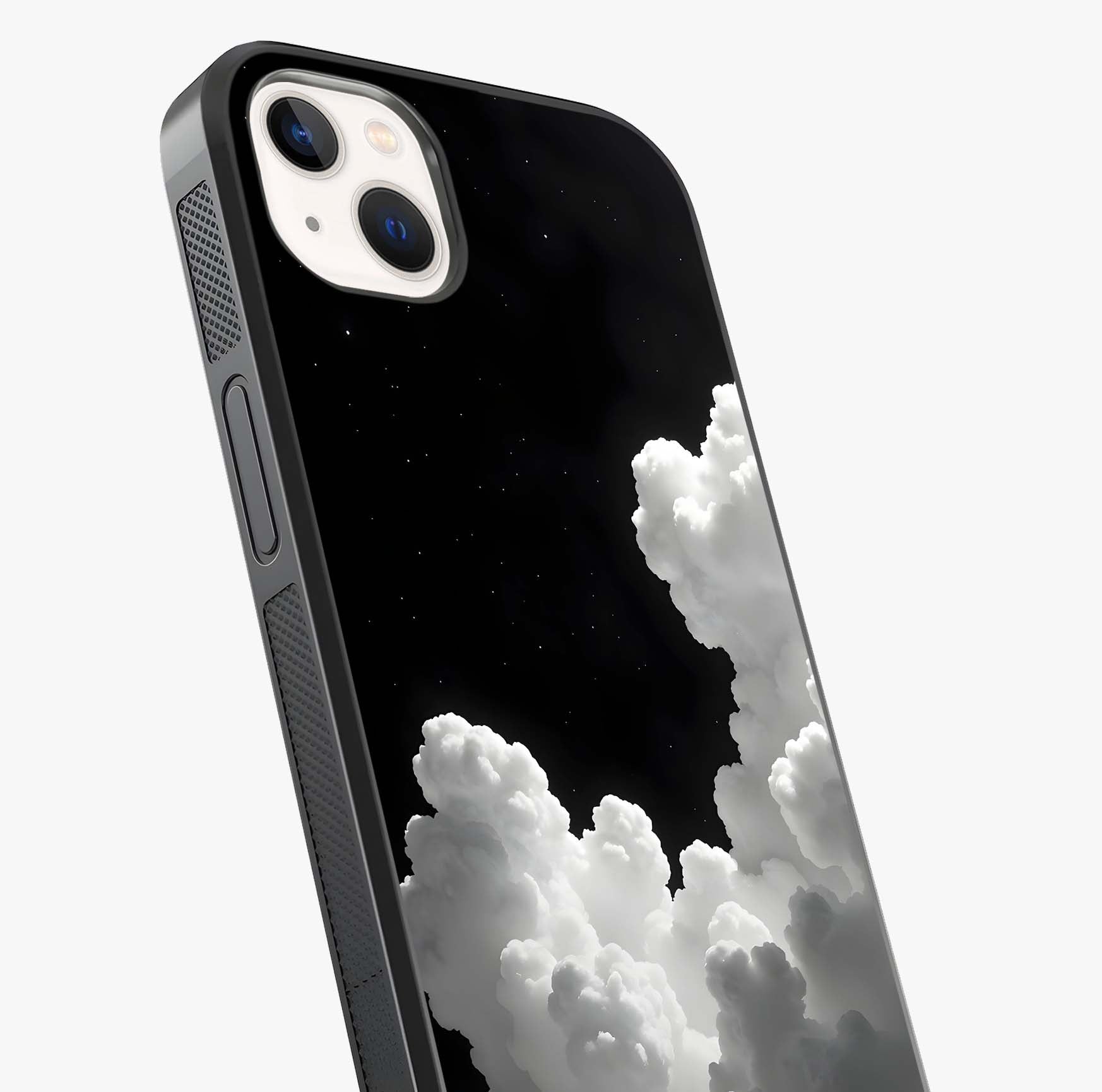 Black Background With White Cloud Glass Case captured at a warm angle highlighting gloss, texture and premium glass finish.