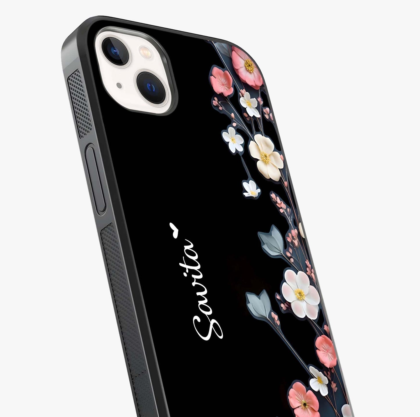 Black Elegance Floral Custom Name Glass Case captured at a warm angle highlighting gloss, texture and premium glass finish.