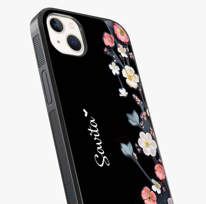 Black Elegance Floral Custom Name Glass Case captured at a warm angle highlighting gloss, texture and premium glass finish.