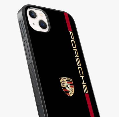 Black Minimal Porsche Glass Case captured at a warm angle highlighting gloss, texture and premium glass finish.