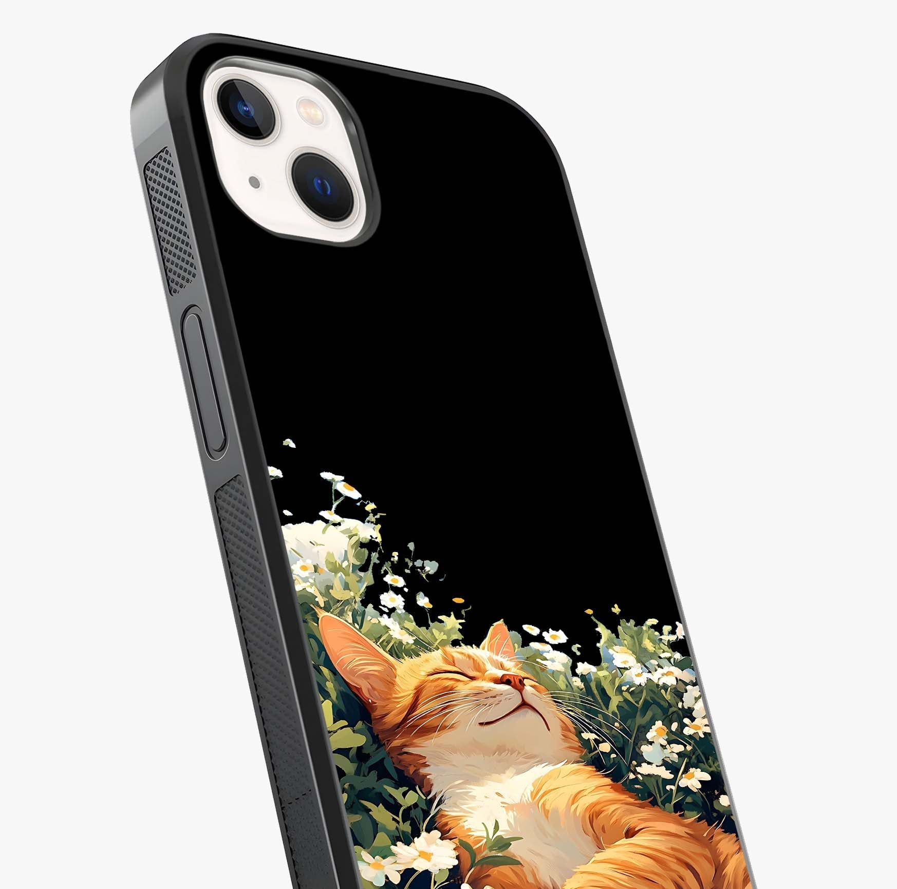 Blissful Bloom Cat Glass Case captured at a warm angle highlighting gloss, texture and premium glass finish.