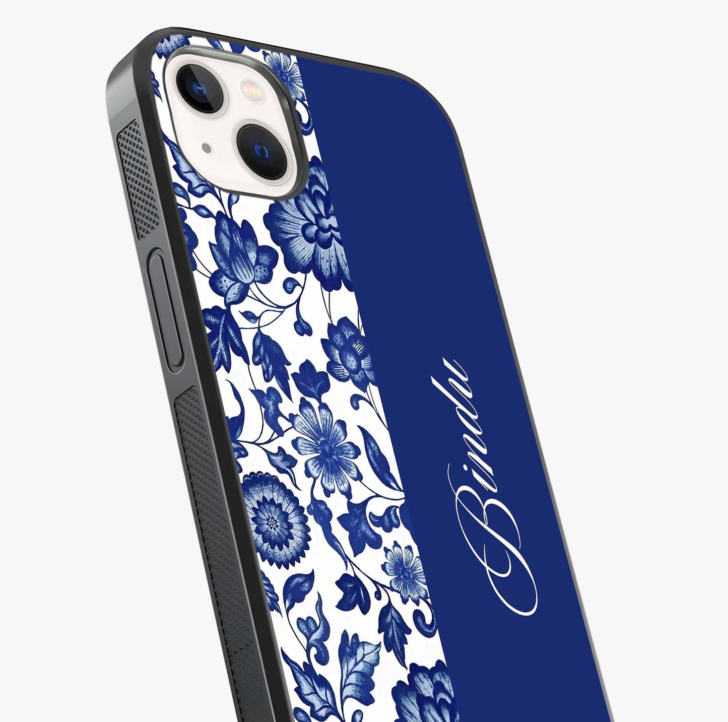 Blue Vintage Floral Pattern Glass Case captured at a warm angle highlighting gloss, texture and premium glass finish.