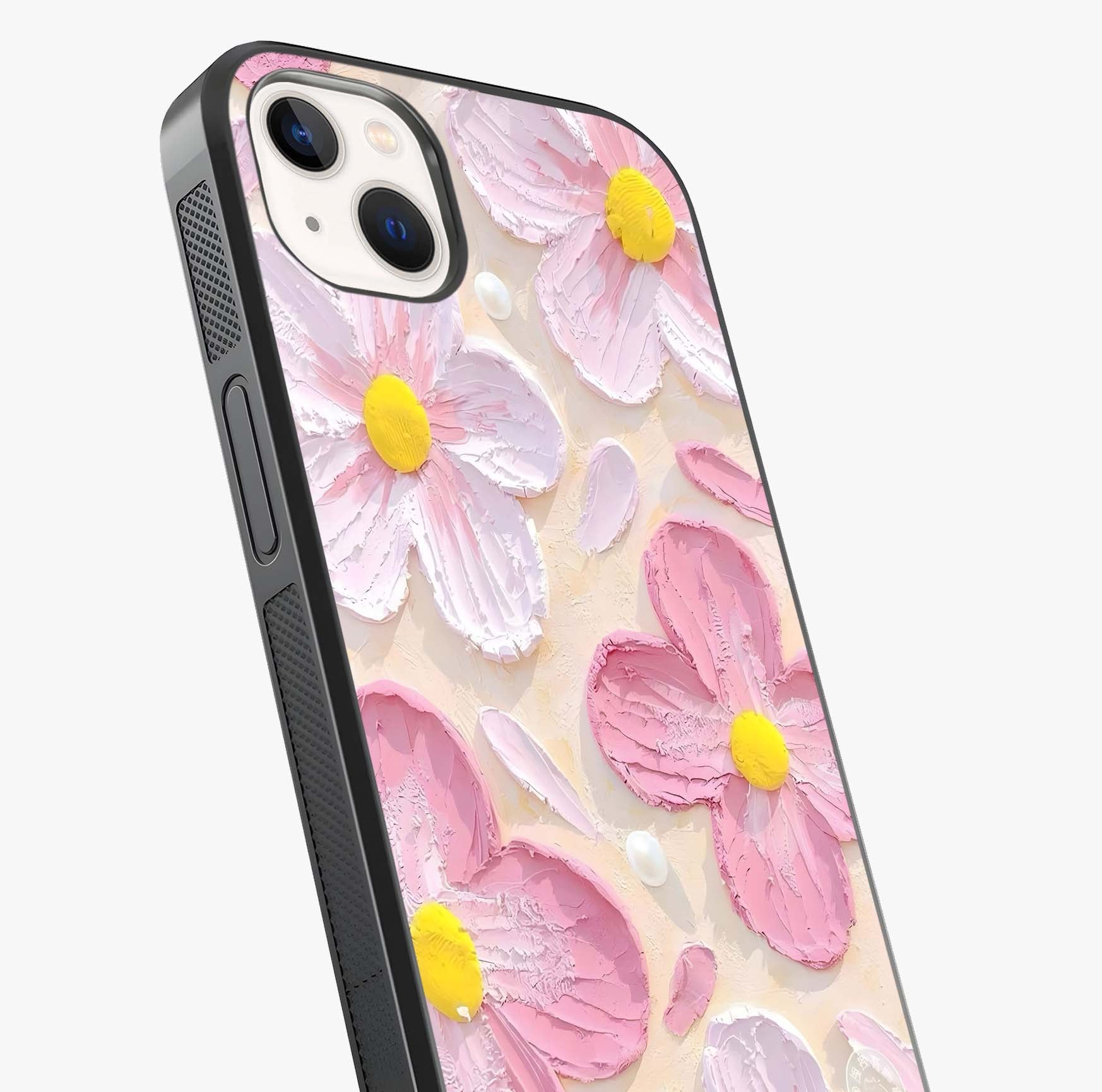 Blush Bloom Texture Glass Case captured at a warm angle highlighting gloss, texture and premium glass finish.