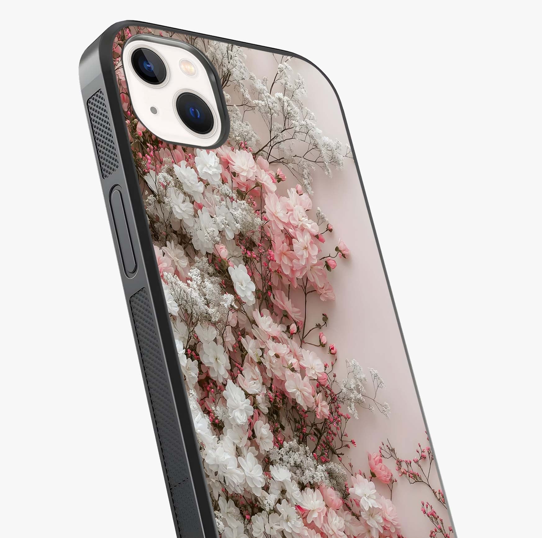 Blush Blossom Cloud Glass Case captured at a warm angle highlighting gloss, texture and premium glass finish.
