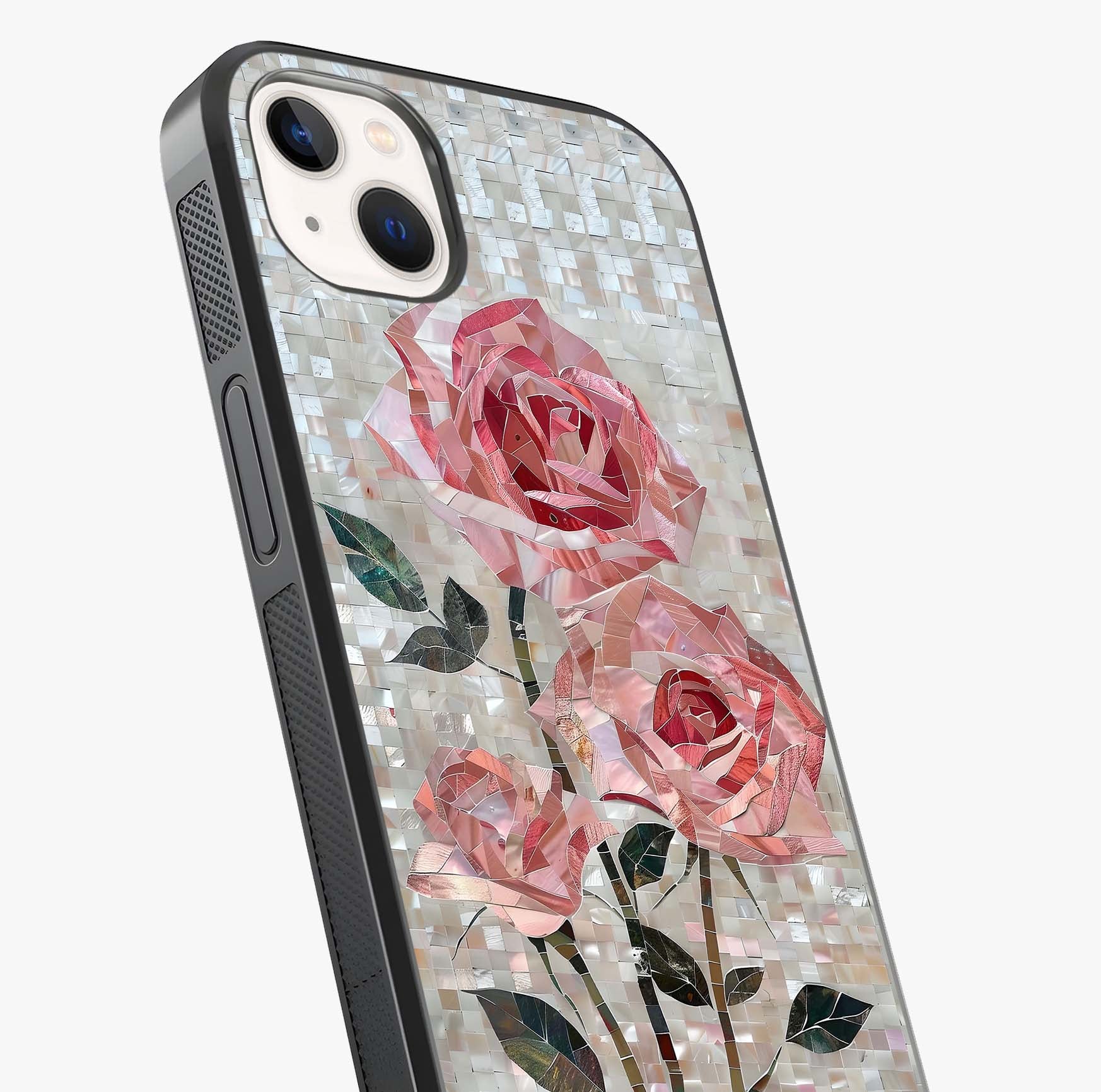 Blush Mosaic Bloom Glass Case captured at a warm angle highlighting gloss, texture and premium glass finish.