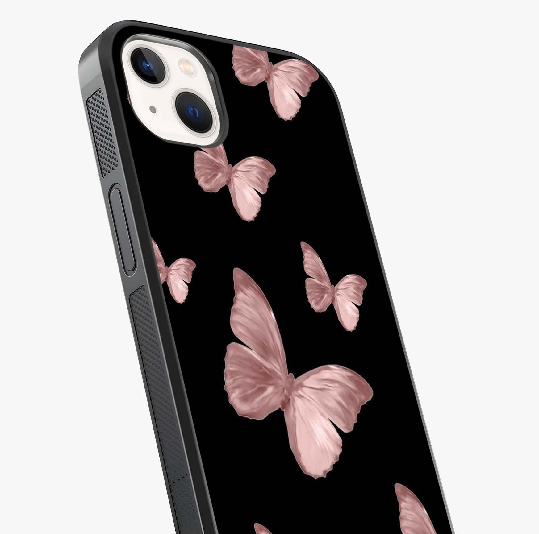 Butterfly Pattern Glass Case captured at a warm angle highlighting gloss, texture and premium glass finish.