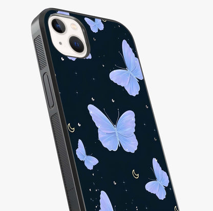 Butterfly With Stars Pattern Glass Case captured at a warm angle highlighting gloss, texture and premium glass finish.