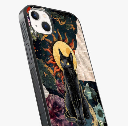 Celestial Black Cat Glass Case captured at a warm angle highlighting gloss, texture and premium glass finish.