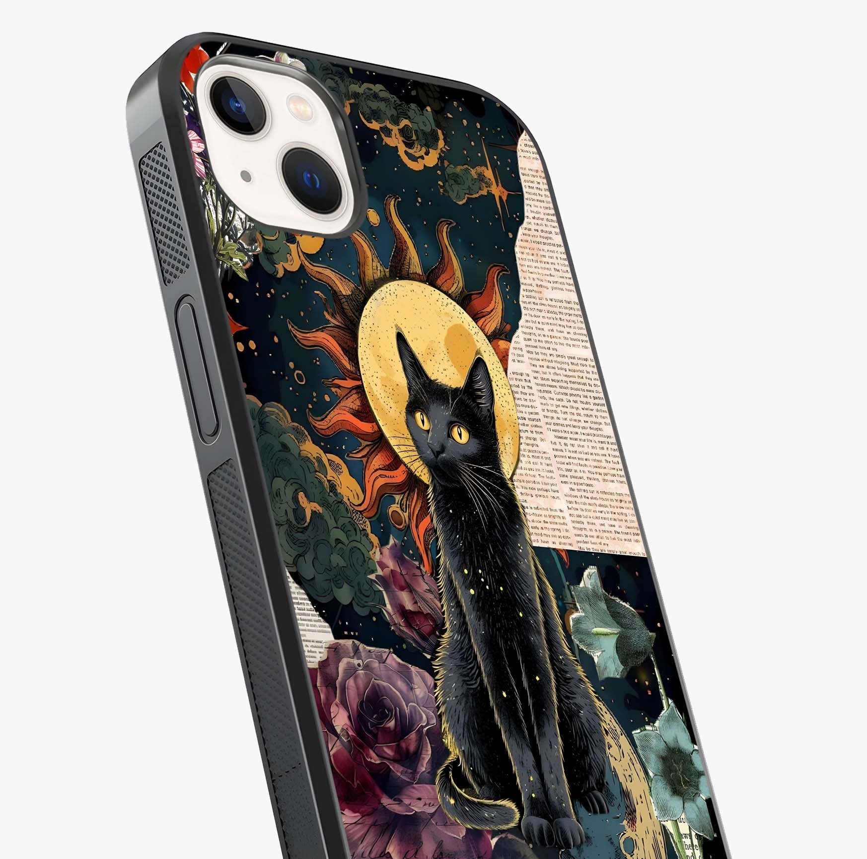 Celestial Black Cat Glass Case captured at a warm angle highlighting gloss, texture and premium glass finish.