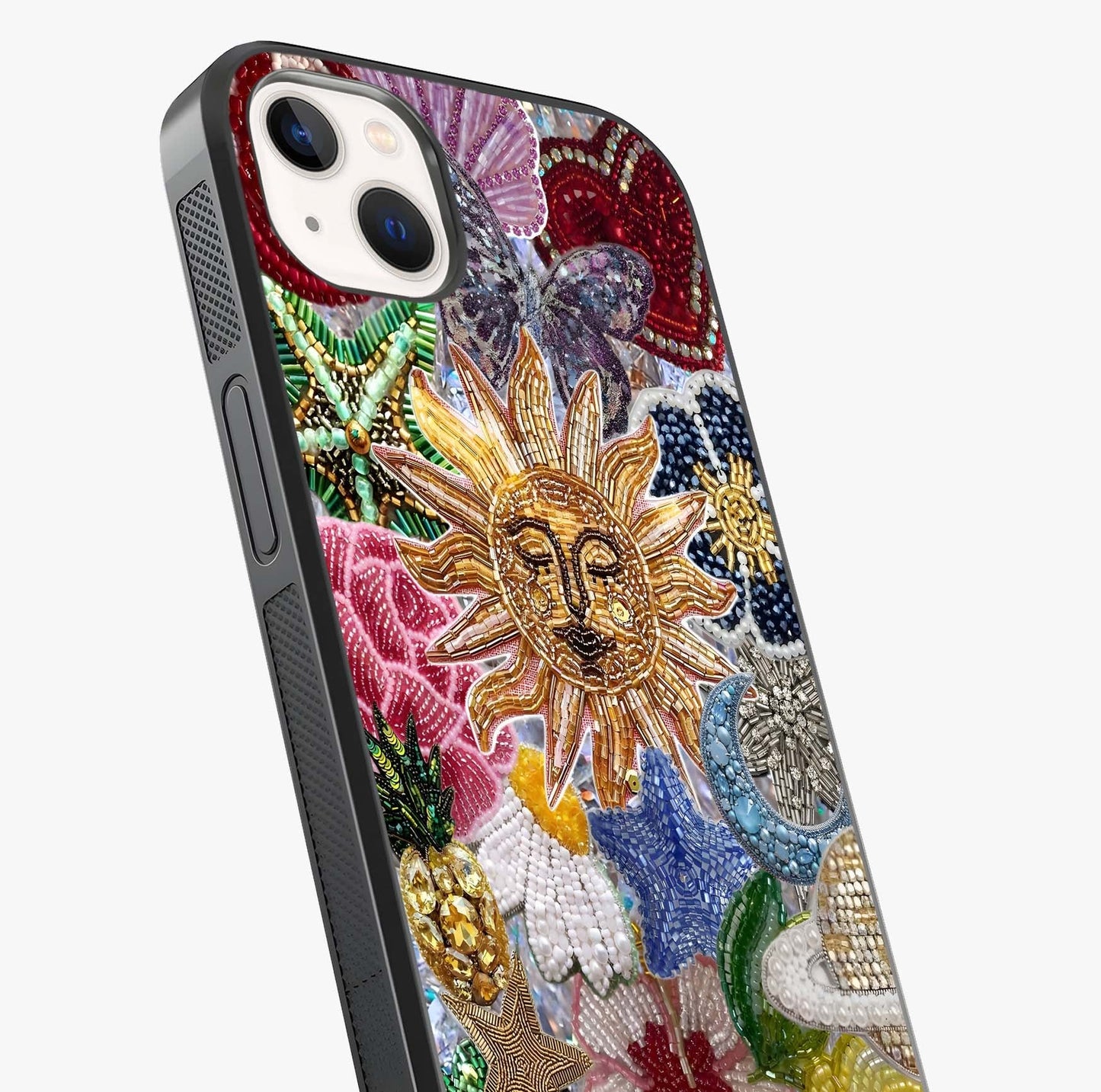 Celestial Floral And Playful Glass Case captured at a warm angle highlighting gloss, texture and premium glass finish.