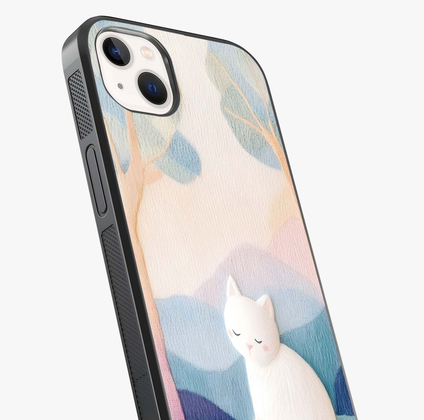 Cotton Dream Cat Glass Case captured at a warm angle highlighting gloss, texture and premium glass finish.