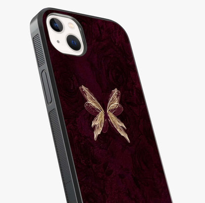 Crimson Fade Butterfly Glass Case captured at a warm angle highlighting gloss, texture and premium glass finish.