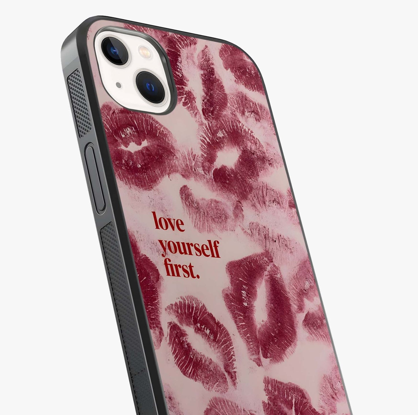 Crimson Kiss Love Glass Case captured at a warm angle highlighting gloss, texture and premium glass finish.