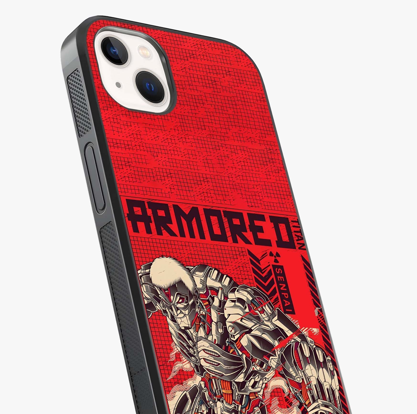 Crimson Mecha Titan Glass Case captured at a warm angle highlighting gloss, texture and premium glass finish.