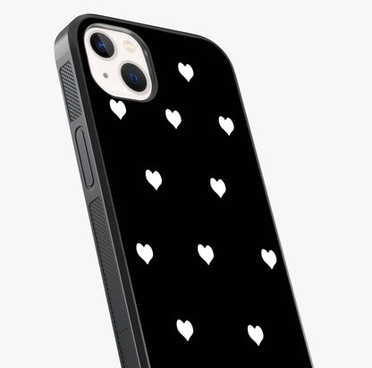 Cute And Simple White Hearts Glass Case captured at a warm angle highlighting gloss, texture and premium glass finish.