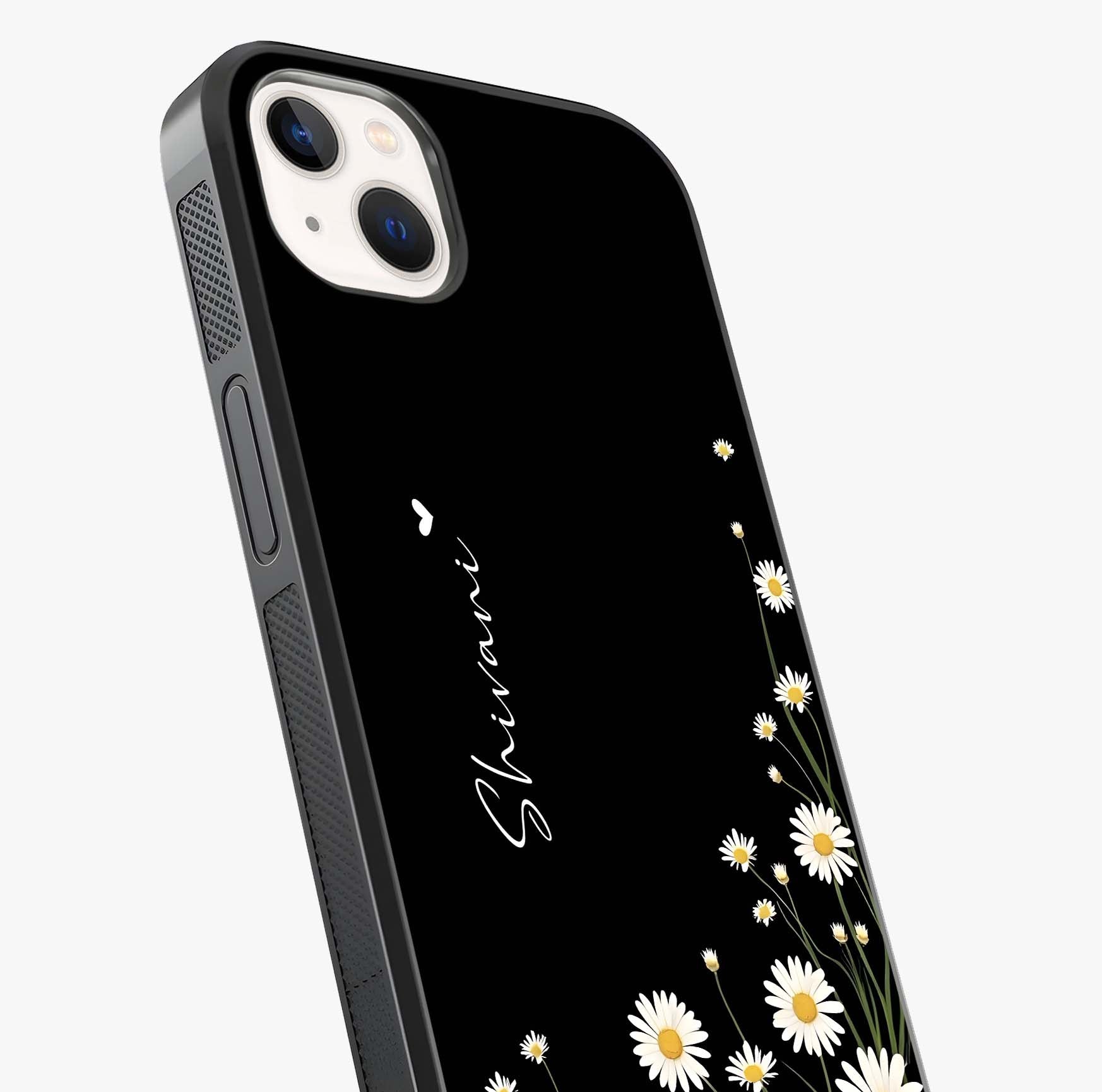 Daisy Cascade Custom Name Glass Case captured at a warm angle highlighting gloss, texture and premium glass finish.